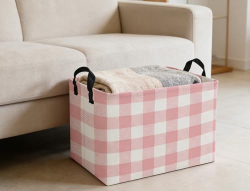 Image of Rectangular Kids Baskets Pink Basket Cute Storage Bins Organizer Box Boys Room Decor for Home.(Pink grid)