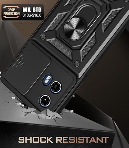 Image of SPAZY CASE Moto G35 5G Back Case | Heavy Duty Hybrid Case with 360 Degree Rotating Finger Ring Holder + Slider Shutter Camera Protection Cover for Moto G35 5G 5G - Black