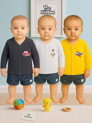 Image of Kidbee Baby Front-Open Cotton Jabla /Top, Full Sleeve, Unisex, Months, Pack of 3