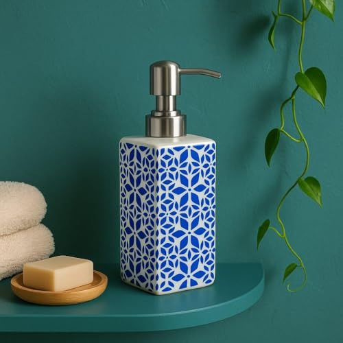 Image of Ceramic Soap Dispenser 330ml (Set of 1) | Blue & White Chess Pattern | Refillable Lotion, Hand Wash & Liquid Soap Pump | Multipurpose Bathroom & Kitchen Accessory
