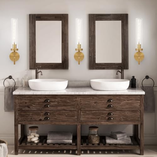 Image of Brass Wall Sconces Set of Two with White Lights, 19.5'' Brushed Brass Knurled Bathroom Sconces Wall Lighting Vanity Light with Clear Glass for Living Room Mirror Bedroom Stairs