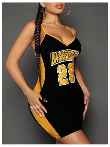 Image of Verdusa Women's Jersey Dress Letter Print Bodycon V Neck Cami Mini Dresses