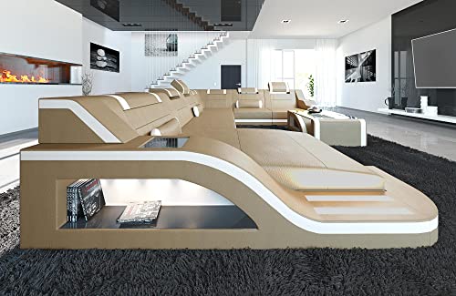 XXL Sofa Wohnlandschaft Palermo Ledersofa U Form - mit LED Beleuchtung, verstellbare Kopfstützen, Recamiere/Lederfarben wählbar/Ausrichtung wählbar (Ottomane Links, Sandbeige-Weiß)