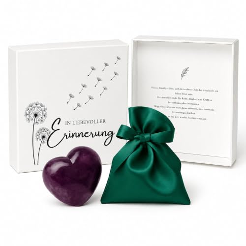 Milaboo Beileid Geschenk mit Amethyst-Herz (4 cm) Trauerkarte In liebevoller Erinnerung & Samtsäckchen Trostspender & Erinnerungsset für schwere Zeiten (Beileid - Amethyst)