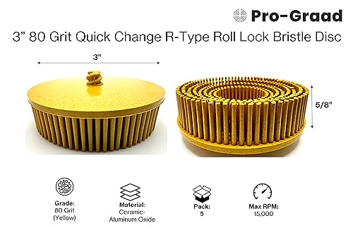 Image of 5 Pack 3 inch 80 Grit Yellow R-Type Bristle Disc | Ceramic-Aluminum Oxide Abrasive Bristle Disc with Quick Change Roll Lock | Pack of 5 | Yellow