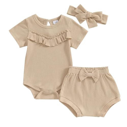 Newborn Baby Girls Ribbed Knit Ruffle Short Sleeve Romper Shorts Headband 3pcs Basic Solid Clothes Cute Outfit