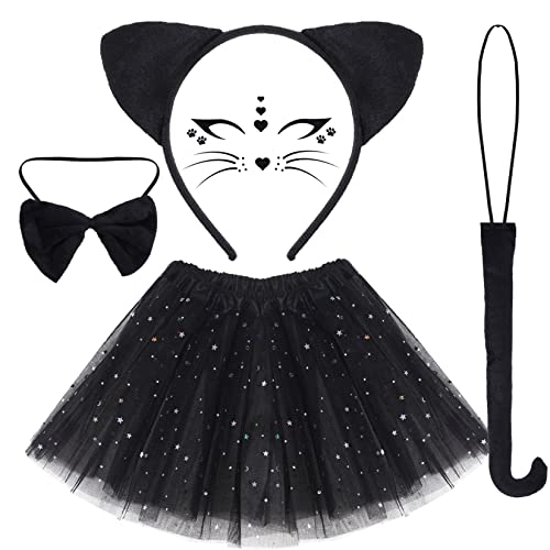 Costume chat noir avec oreilles, queue, nœud papillon et autocollants