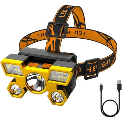 Lanterna de Cabeça LED, 5 LEDs, Recarregável USB, 4 Modos de Iluminação, para Camping, Pesca, Ciclis