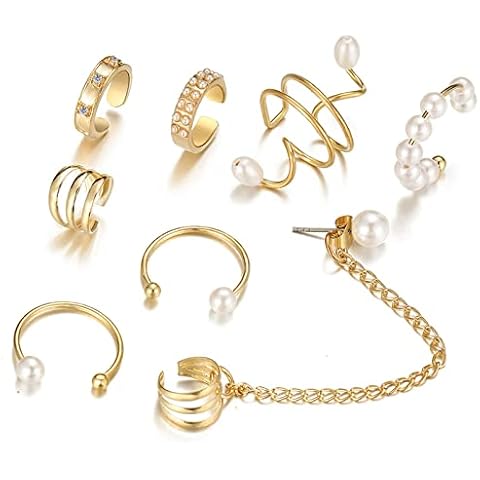 8Pcs Pearl Ear Cuffs Gold Ear Cuff Earrings for Women Cartilage Clip On Huggie Stud Cuff Earrings for Non-Pierced Ears, Copper, other Cover