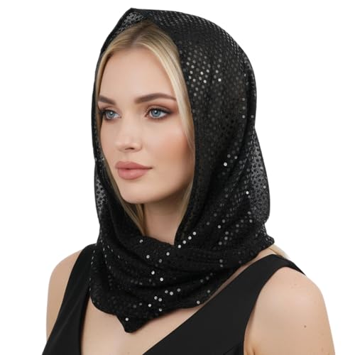 Fashion Head Scarf Sequin Unisex Rave Hood Head Scarf Scarves Top Shawl Wraps Rave Outfit Festival Accessories for Women (Black)