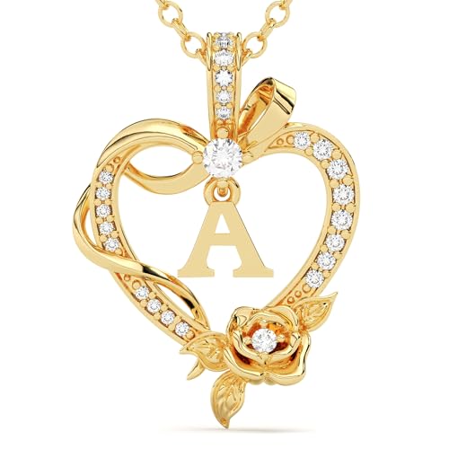 Initial Heart Necklace Gift for Women – 14K Gold Plated Rose Pendant, Personalized Letter Jewelry for Wife, Mom, Grandma, Sister – Birthday, Anniversary for Her