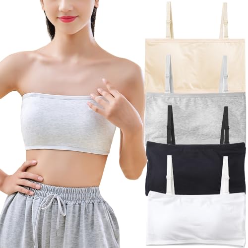 Girls Strapless Bandeau Bras Cotton Bandeau with Detachable Straps Seamless Bralettes for 12-18 Years