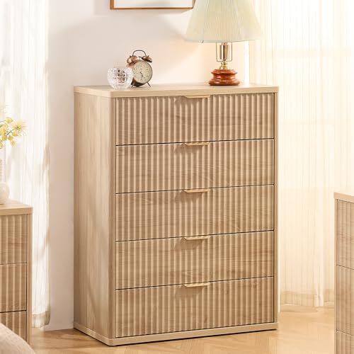 LEYAOYAO Fluted 5 Drawers Dresser for Bedroom, 41" Tall Modern Chest of Drawers with Metal Handle, Curved Profile Farmhouse Closet Organizer Wood Dressers TV Stand for Living Room, Hallway, Navy Blue