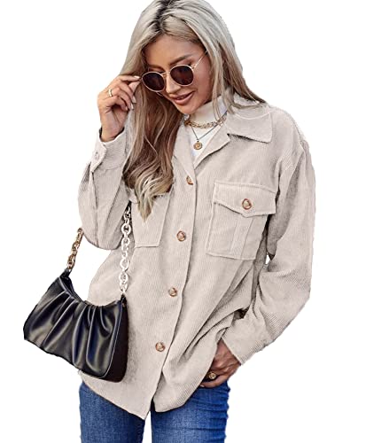 Beyove Chemise à manches longues en velours côtelé pour femme - Avec boutons - Tunique surdimensionnée - Décontractée - Avec poches, Kaki clair, M Cover