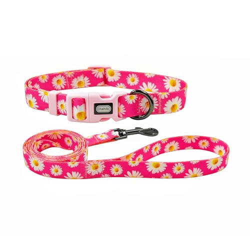Olahibi Dog Collar and Leash Set Cute Pink Daisy Pattern Polyester Material 5ft Leash for Small Dogs.(S Daisy Set)