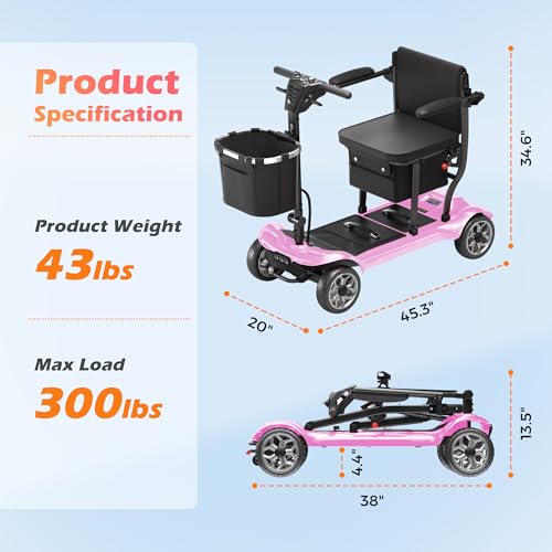 Image of Lightweight Mobility Scooter for Adult & Seniors Cruise & Airline Approved | 43lb Foldable Portable Motorized Scooters with Dual Lithium Batteries for 30.4 Miles Travel, 4 Wheel, 300lb Capacity, Pink