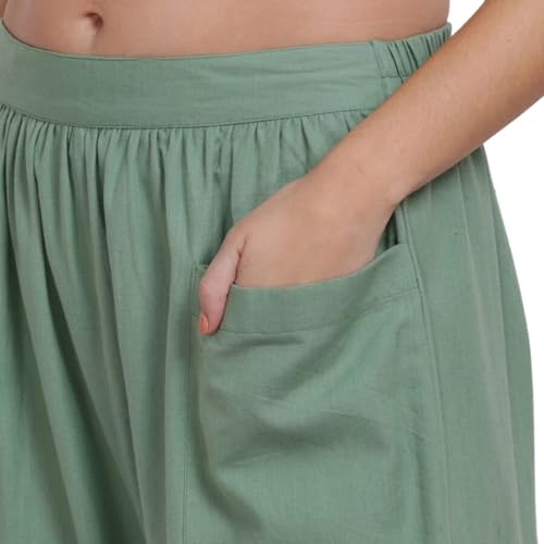 Image of Organic Cotton Yoga Pants with Loose Fit, Elasticated Waistband, Front Pockets, and Breathable Stretch for Women & Girls- Green (Bael)