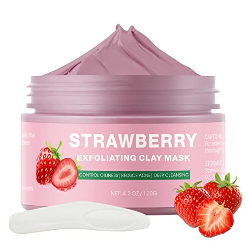 Strawberry Clay Mask for Face, Pink Clay Facial Mask Skin Care Improve Blackheads Acne Dark Spots, Deep Cleansing Face Mask Control Oil and Refining Pores, 4.2 OZ (Strawberry)