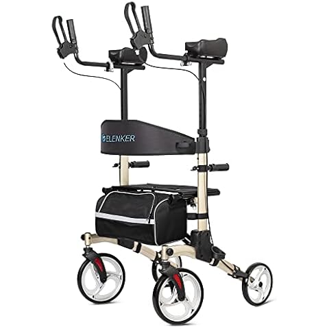 ELENKER Upright Walker, Stand Up Folding Rollator Walker with 10” Front Wheels Backrest Seat and Padded Armrests(Champagne) Cover