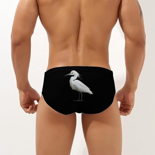 White Snowy Heron Printed Swim Briefs for Men Sexy Bikini Swimwear Elastic Beach Trunks Bathing Suit3
