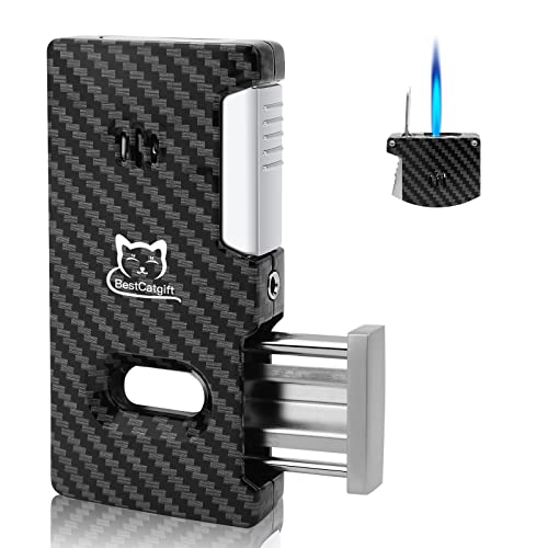 Bestcatgift Carbon Fibre Texture All-In-One Torch Cigar Lighter With Cigar V Cutter | Cigar Punch | Cooling Holes | Gas Window | Refillable Butane | Luxurious Gifts For Men #TOP21