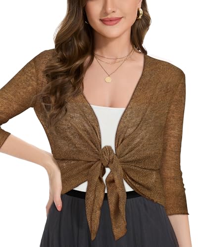 Image of Women Crop Cardigan Sheer Mesh Bolero Shrug for Dress Tie Front 3 /4 Sleeve Tops