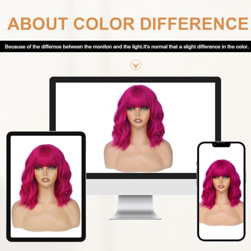 Image of AGO Rose Purple Wavy Wigs with Bangs Pastel Bob Wig Shoulder Length Synthetic Hair for Girl Heat Resistant Fiber Wig for Daily Party Halloween Cosplay Use(405 /T2356#RosePurple)