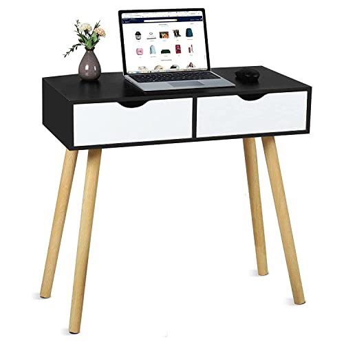 Image of Shoppee Engineered Wood Desk with 2 Drawers for, Computer Desk with Storage Shelves, Makeup Vanity Desk, Modern Writing Study Table Home Office Desks for Bedroom (Black White)