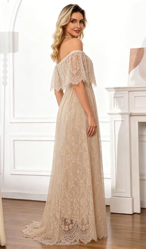 Image of HOYISHION Women's Off The Shoulder Floral Lace Maxi Dress White Bridesmaid Wedding Party Maternity Photoshoot Long Dresses