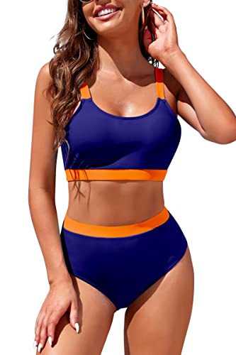Image of Womens High Waisted Bikini Sets Sporty Crop Top Color Block Swimwear Bandeau Scoop Neck Vintage Two Piece Bathing Suits