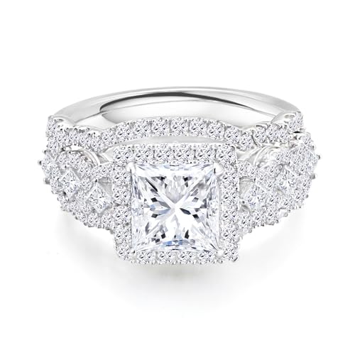 3CT Moissanite Wedding Ring Set for Women D Color VVS1 Princess Cut Halo Bridal Set Wedding Bands S925 Sterling Silver with 18K White Gold Plated Engagement Anniversary Rings for Her Size 4.5-9.53