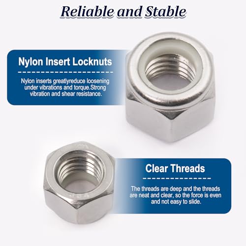 Zqz QLN-113 Pack Lock Nuts Assortment Kit,6#32 8#32 10#24 10#32 5/16"-18 3/8"-16 1/2"-13 1/4"-20 Sae Nylon Insert Hex Locknuts Sets,304 Stainless Steel Standard Inch Threaded Nylock Nuts thumb #4