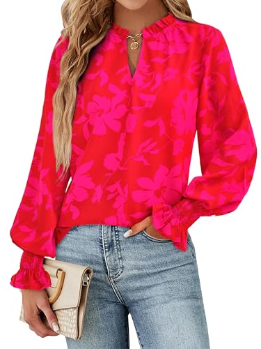 MASCOMODA Womens V Neck Floral Long Sleeve Tops 2025 Summer Casual Loose Puff Sleeve Chiffon Boho Work Blouse Dressy T Shirts