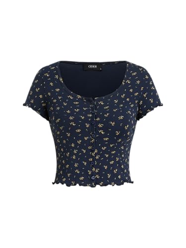 CIDER Cute Top for Women Trendy 100% Cotton Pointelle Floral Short Sleeve Top Scoop Neck Lettuce Trim