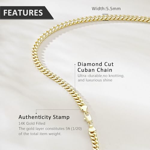 14K Gold Chain Necklaces for Women & Men, 5.5mm Simple Cuban Link Chain for Womens Dainty Non-Tarnish Necklace Unisex Sizes 18-24 Inches Cadenas De Oro 14K Para Mujer3