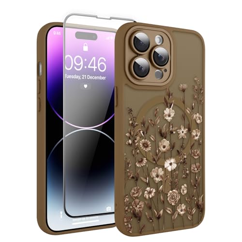 Coque antichoc iPhone 14 Pro Max fleurie et protecteur écran MagSafe