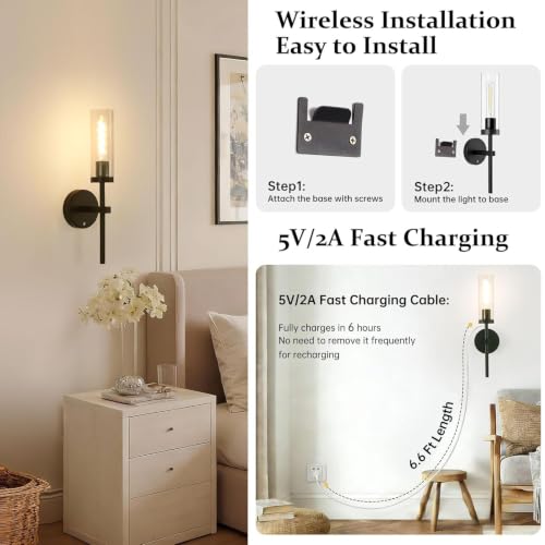 Image of Shenmoyl Battery Operated Wall Sconces Set of 2, Black Rechargeable Wall Lighting Fixtures, Dimmable Wall Lights with Remote & Clear Glass Shade for Living Room, Bathroom,Bedroom