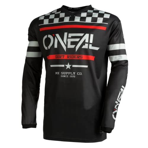 O'NEAL | Maillot de Motocross de Manga Larga | MX Enduro | Protección Acolchada en los Codos, Cuello en V, Transpirable | Maillot Element Squadron V.22 | Adulto | Negro Gris | Talla M