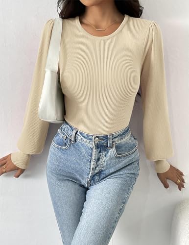Image of Zeagoo Womens Sweaters Long Sleeve Bodysuits 2026 Fall Crewneck Puff Knit Pullover Tops