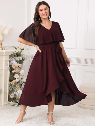 Image of Women Plus Size Long Formal Dress Short Sleeve Chiffon Ruffle V Neck High Low Split Wedding Guest Maxi Dresses