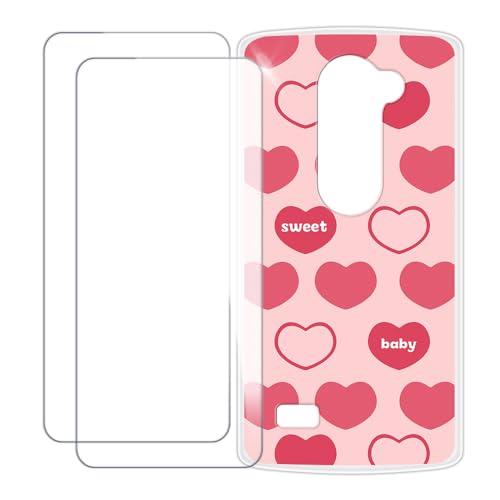 UOGNADGD Compatible with LG Leon LTE Case Colorful Custom Cover with 2 Pack Tempered Glass Screen Protectors - Shockproof Scratch-Resistant (Pink Heart)