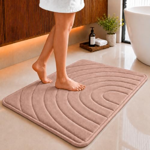 Image of Premium Memory Foam Bath Mat | 40x60cm Super Absorbent Velvet Bathroom Rug | Non-Slip Machine Washable Floor Mat (Blush Rose)