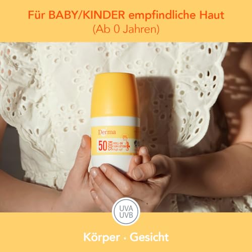 3. Bild von DERMA Sonnenschutz Roll-On Lotion für Baby & Kinder LSF 50 UVA-UVB| Sonnencreme Gesicht & Körper | Nicht-fettende, Wasserfest | Parfümfrei, Hypoallergen Sonnenmilch für Kids | Empfindliche Haut | 50ml