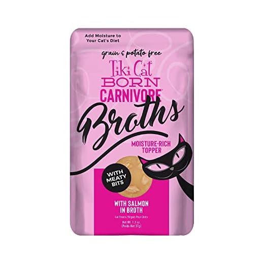 Tiki Cat Born Carnivore Broths, Salmon Recipe, Hydration and Flavor Supplement Cat Food Topper, 1.3 oz. Pouch (Pack of 12)