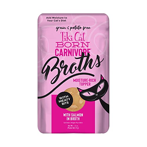 Tiki Cat Born Carnivore Broths Salmon Recipe Hydration and Flavor Supplement Cat Food Topper 1.3 oz. Pouch (Pack of 12)
