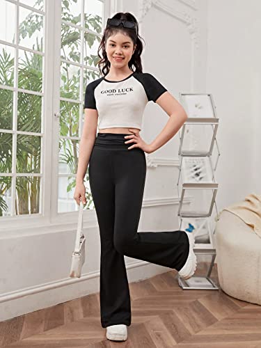 Image of Milumia Teen Girl's Basic Elastic High Waisted Flare Leg Solid Stretchy Pants Ruched Black 10-11Y