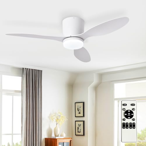 Image of Depuley Flush Mount Ceiling Fan: 42-Inch White Ceiling Fans with Lights for Bedroom Indoor Outdoor - Low Profile Ceiling Fans with Remote Control 24W 3CCT Dimmable 3 Reversible White Blades 6 Speeds