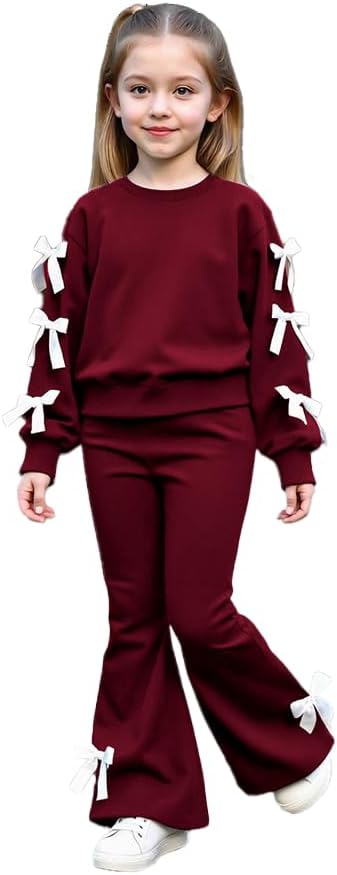 Girls Long Sleeve Sweatshirt 2 Piece, Bow Graphic Top and Pants Spring Fall Fashion Casual Clothes.