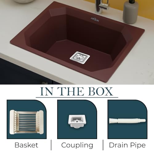 Image of ARQUIN Quartz Kitchen Sink 24x18x9 Inch Brown Diamond | Single Bowl Sink | Durable & Scratch-Resistant | Undermount /Topmount Including Coupling, Waste Pipe & Fruit Washing Basket