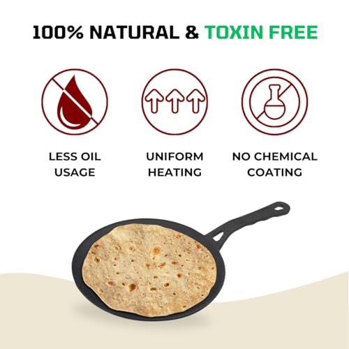 Image of Pencil Pre-Seasoned Cast Iron Roti /Chapati Tawa 25 cm | Compatible with Gas Stoves & Induction | Naturally Nonstick | 100% Pure & Toxin-Free | No Chemical Coating | Dishwasher Safe | Durable | Black